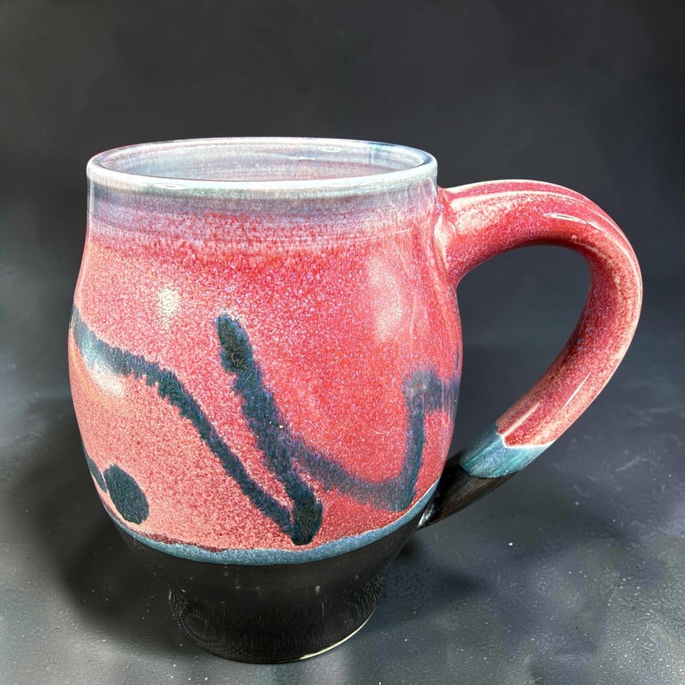 Studio Pottery Hand Thrown Abstract Glaze Pedestal Mug Artist Signed 4.5in Pink